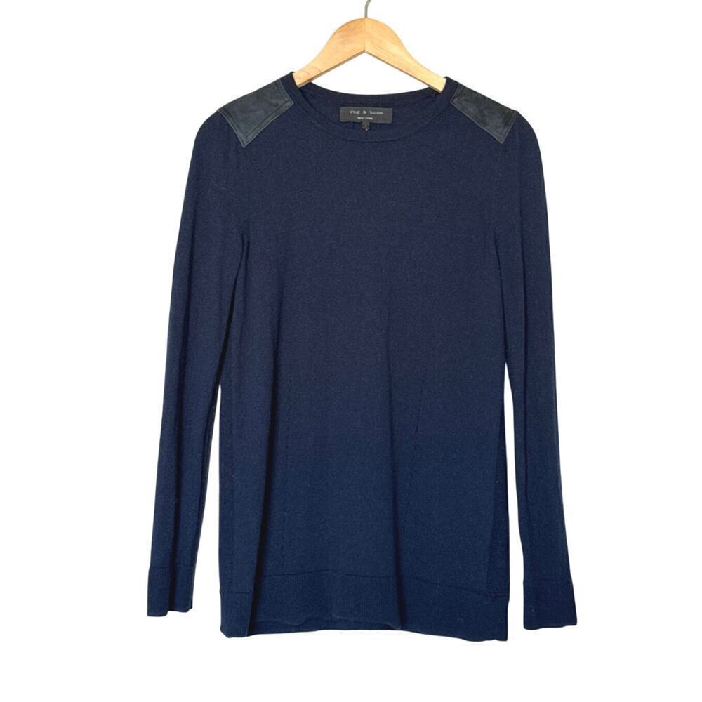 Rag & Bone New York Mens Sweater Navy / Black Wool Lamb Leather Shoulders Size S